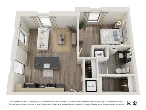 Floor plan for 1 bed, 1 bath, 633 sqft